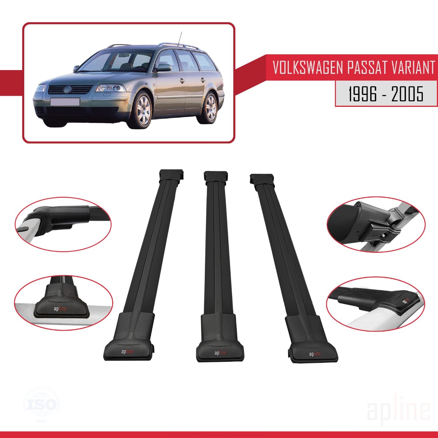 Compatible avec VW Passat B5 Variant 1996-2005 FLY Model Barres de Toit Railing Porte-Bagages de Voiture Noir Aluminium 3 Barres