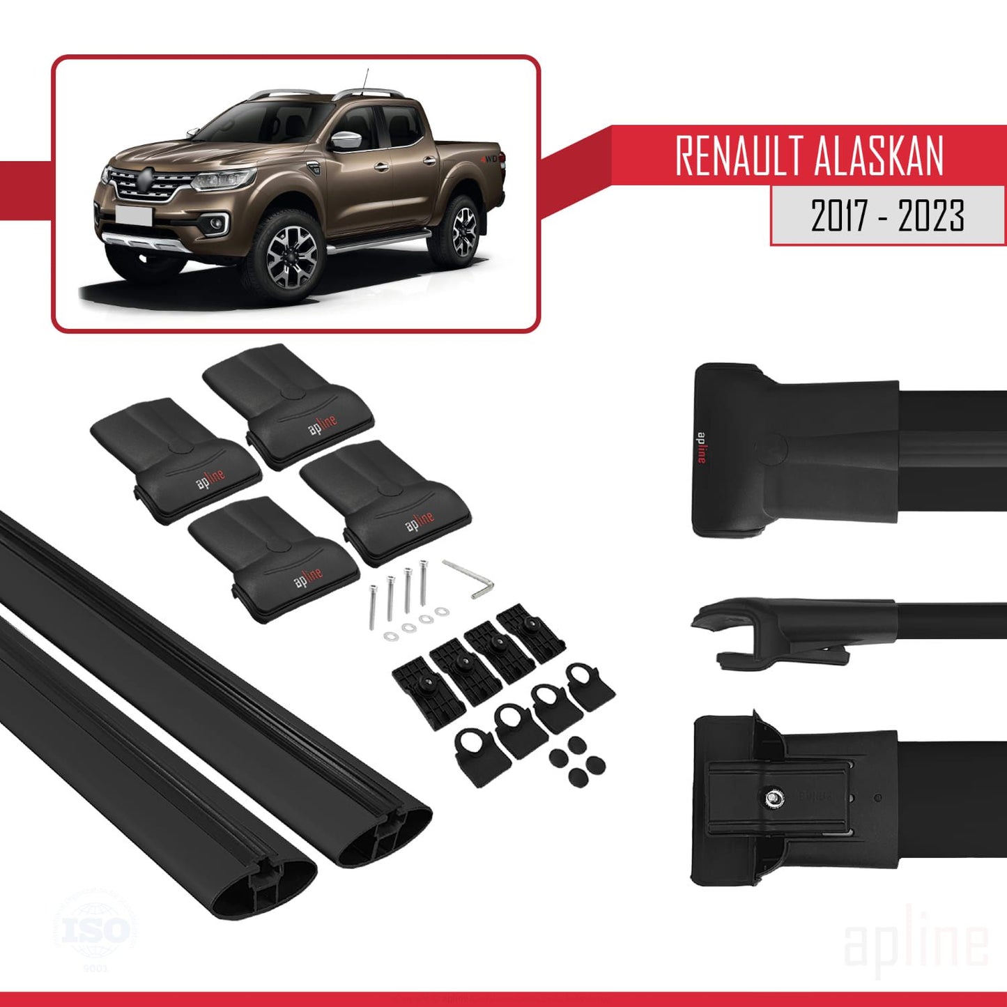 Compatible avec Renault Alaskan 2017-2023 FLY Model Barres de Toit Railing Porte-Bagages de Voiture Noir Aluminium 2 Barres