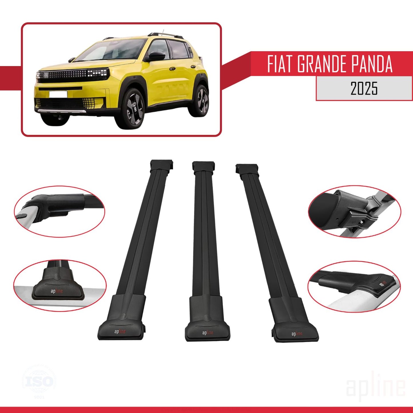 Compatible avec Fiat Grande Panda 2025-2025 FLY Model Barres de Toit Railing Porte-Bagages de Voiture Noir Aluminium 3 Barres