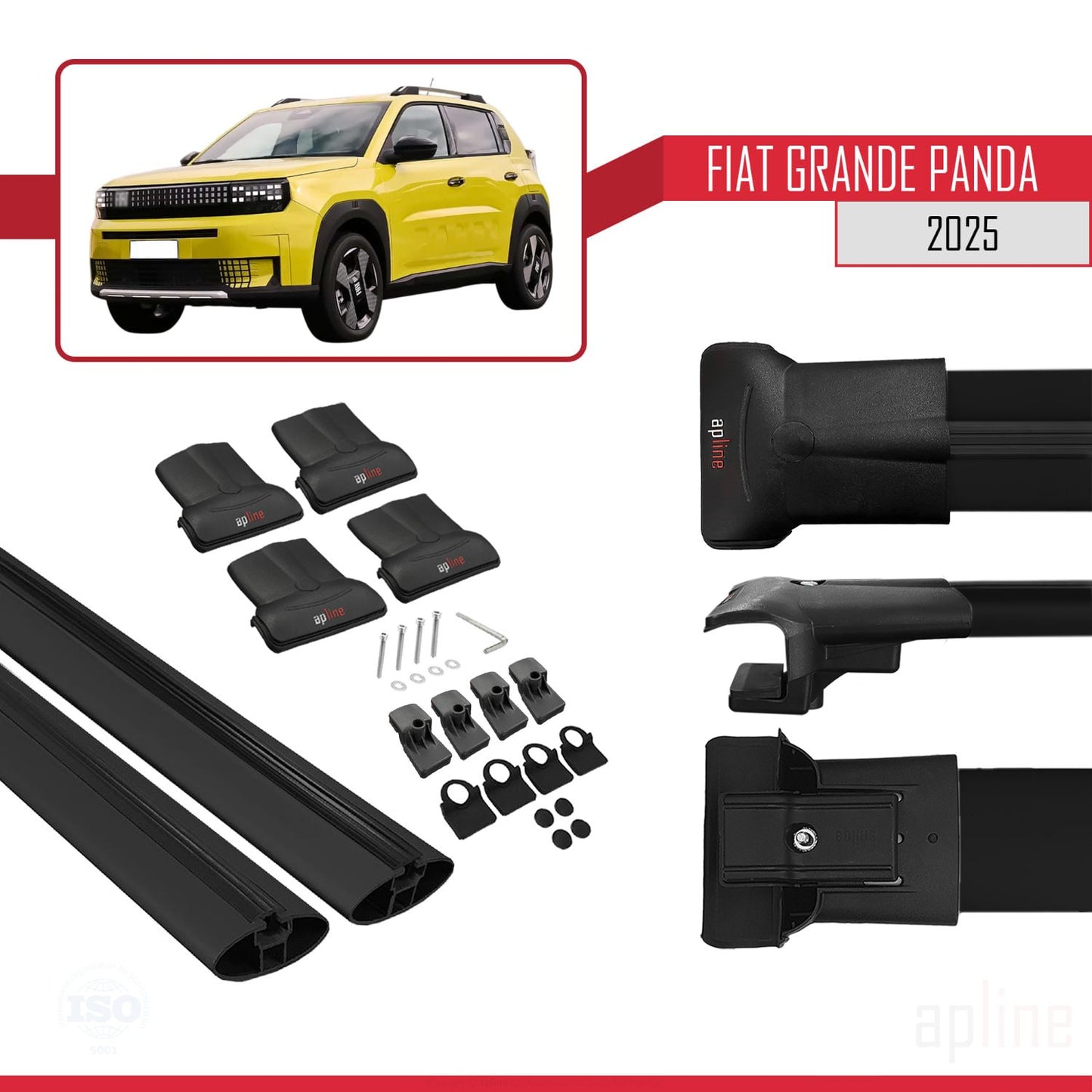 Compatible avec Fiat Grande Panda 2025-2025 FLY Model Barres de Toit Railing Porte-Bagages de Voiture Noir Aluminium 2 Barres