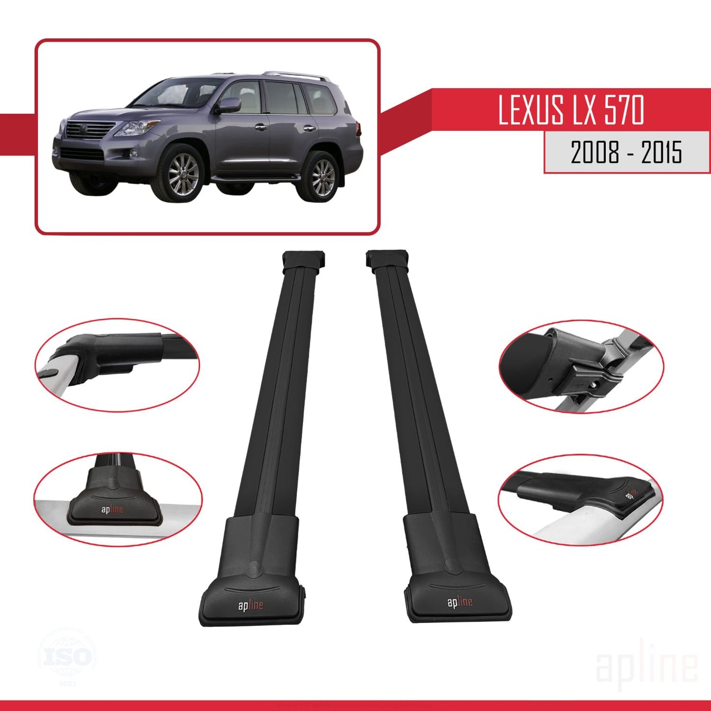 Compatible avec Lexus LX 570 2008-2015 FLY Model Barres de Toit Railing Porte-Bagages de Voiture Noir Aluminium 2 Barres