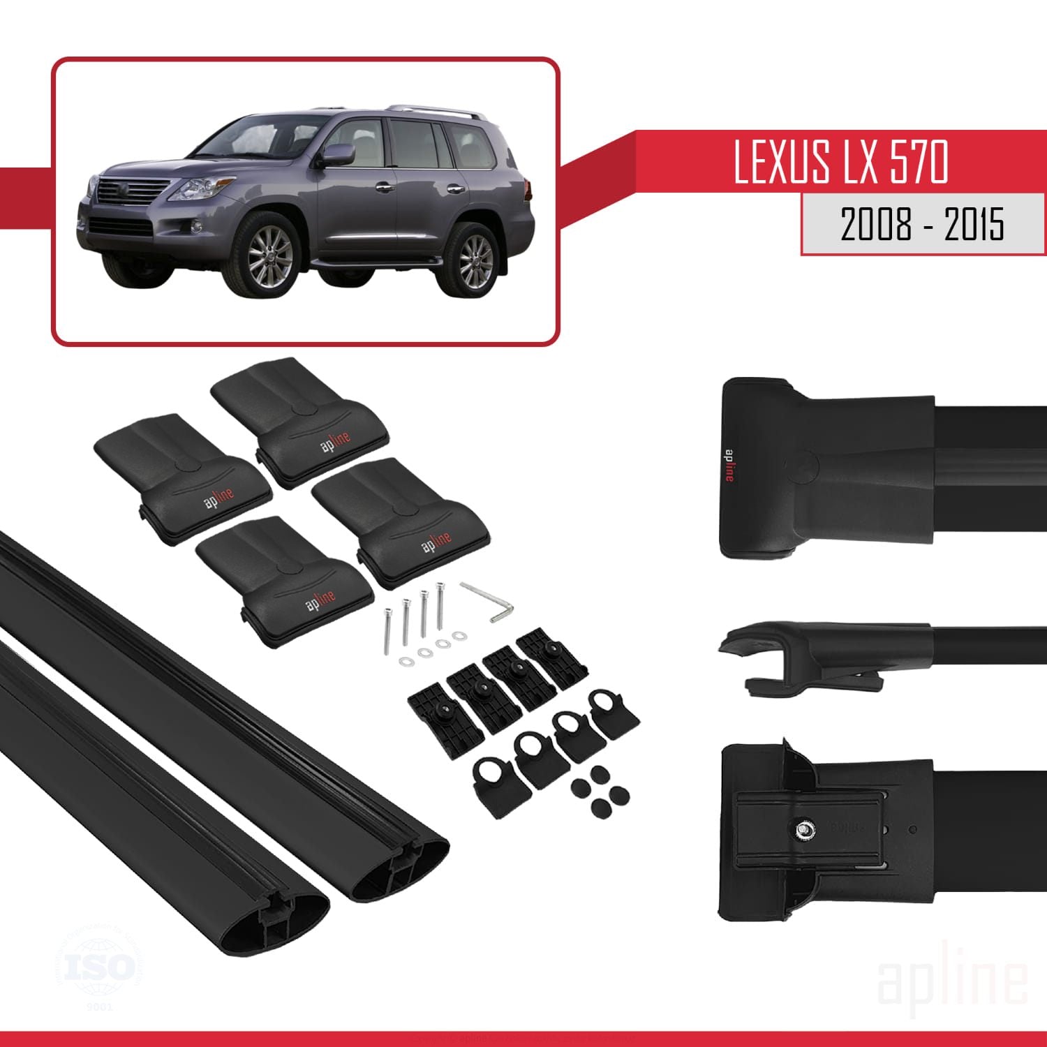 Compatible avec Lexus LX 570 2008-2015 FLY Model Barres de Toit Railing Porte-Bagages de Voiture Noir Aluminium 2 Barres