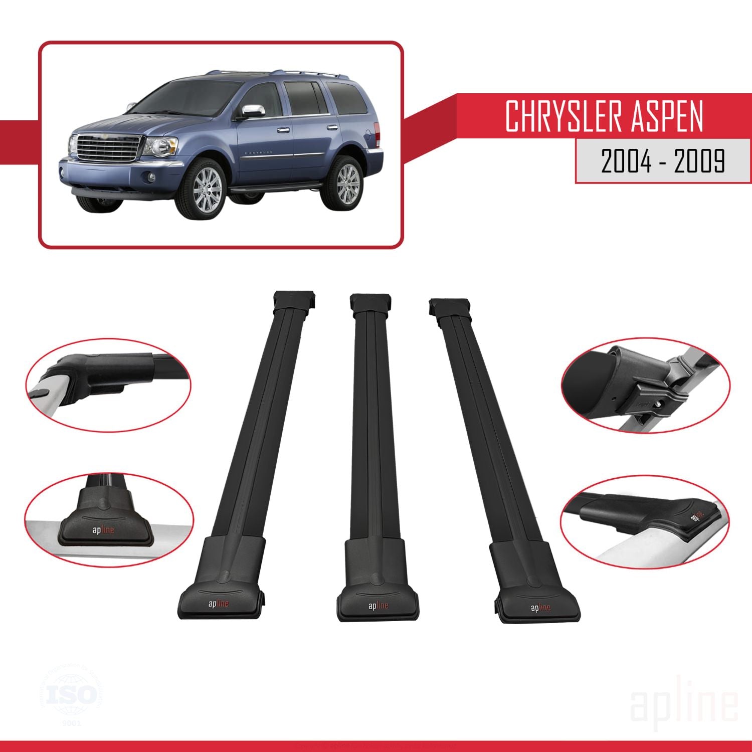 Compatible avec Chrysler Aspen 2004-2009 FLY Model Barres de Toit Railing Porte-Bagages de Voiture Noir Aluminium 3 Barres