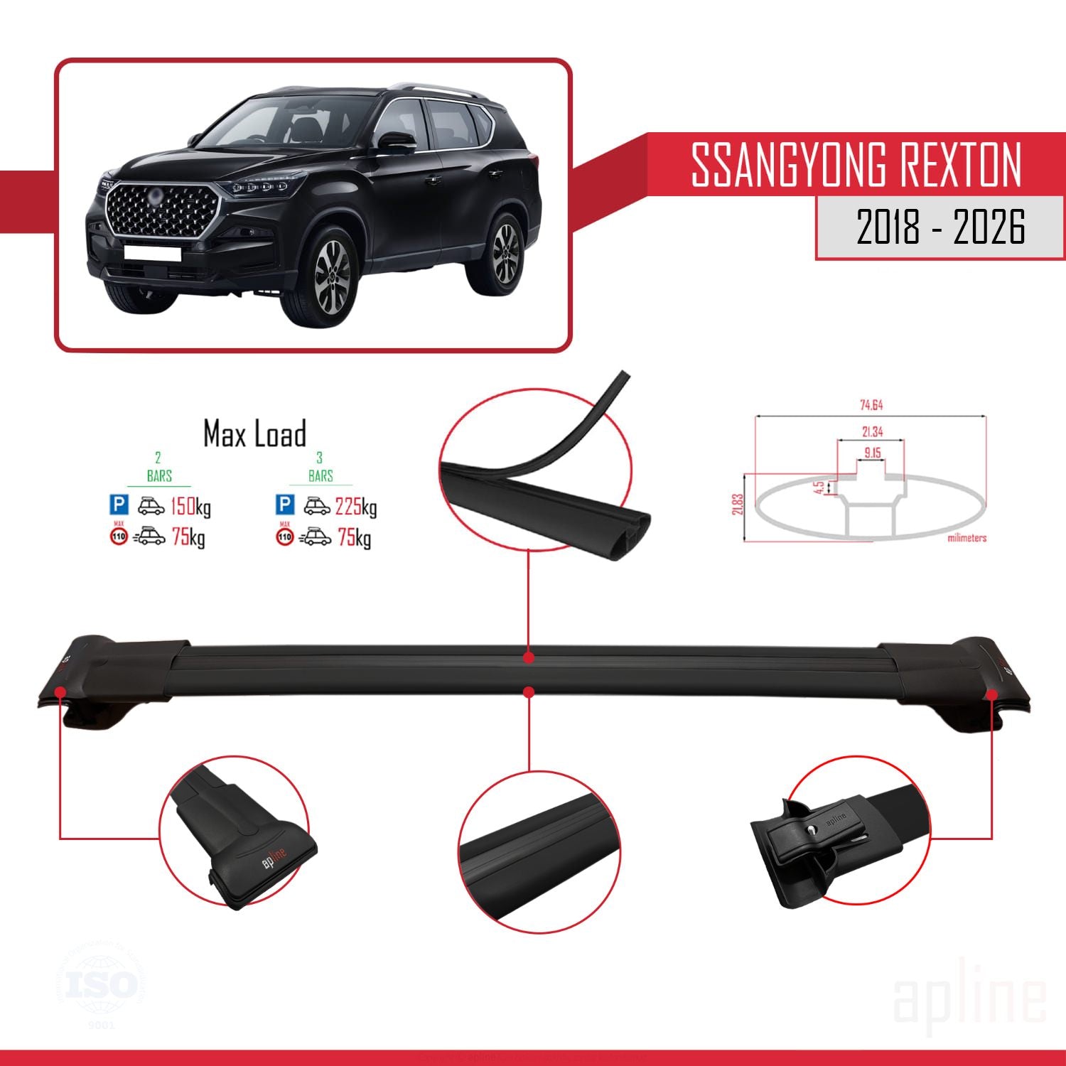 Compatible avec SsangYong Rexton 2018-2025 FLY Model Barres de Toit Railing Porte-Bagages de Voiture Noir Aluminium 3 Barres