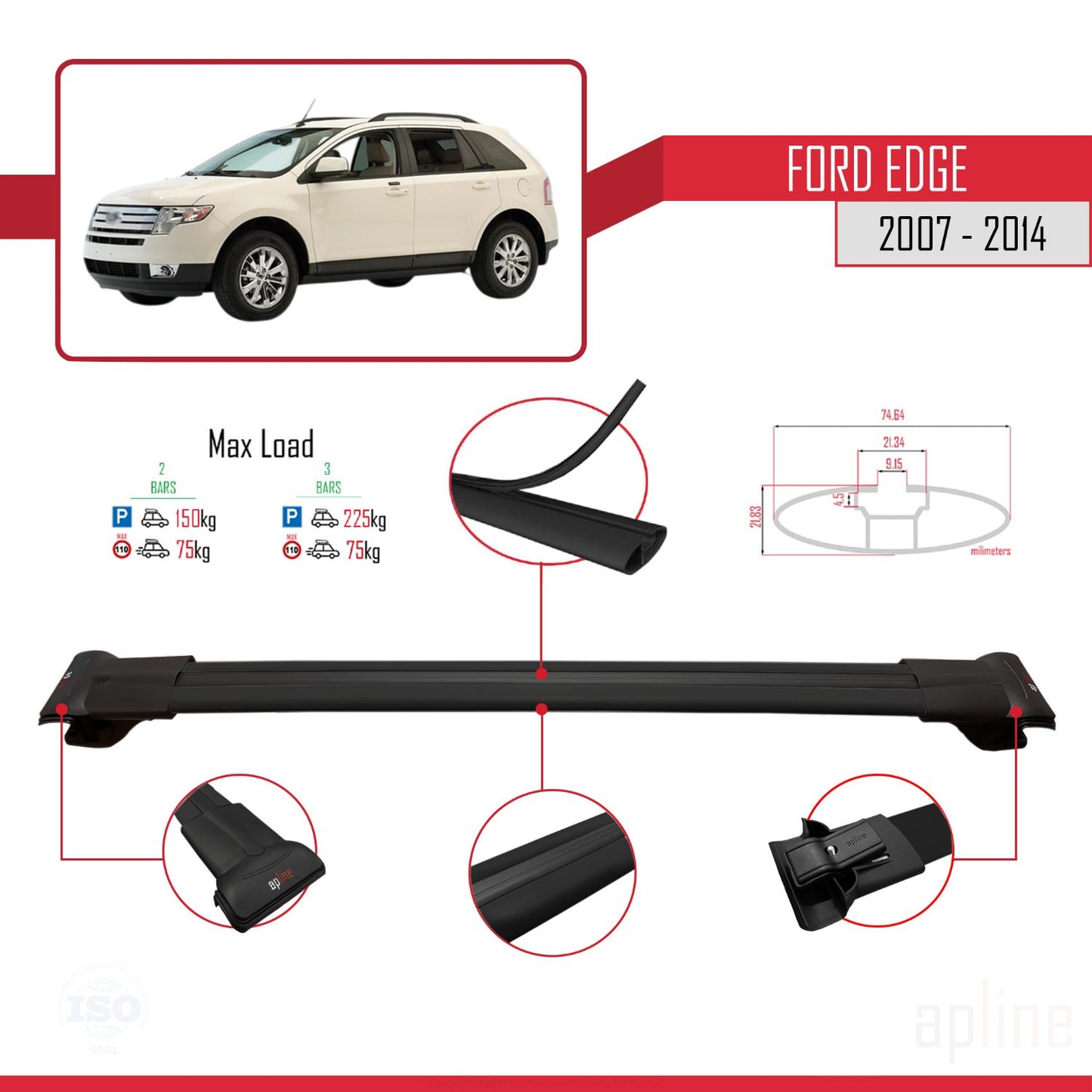 Compatible avec Ford Edge 2007-2014 FLY Model Barres de Toit Railing Porte-Bagages de Voiture Noir Aluminium 3 Barres