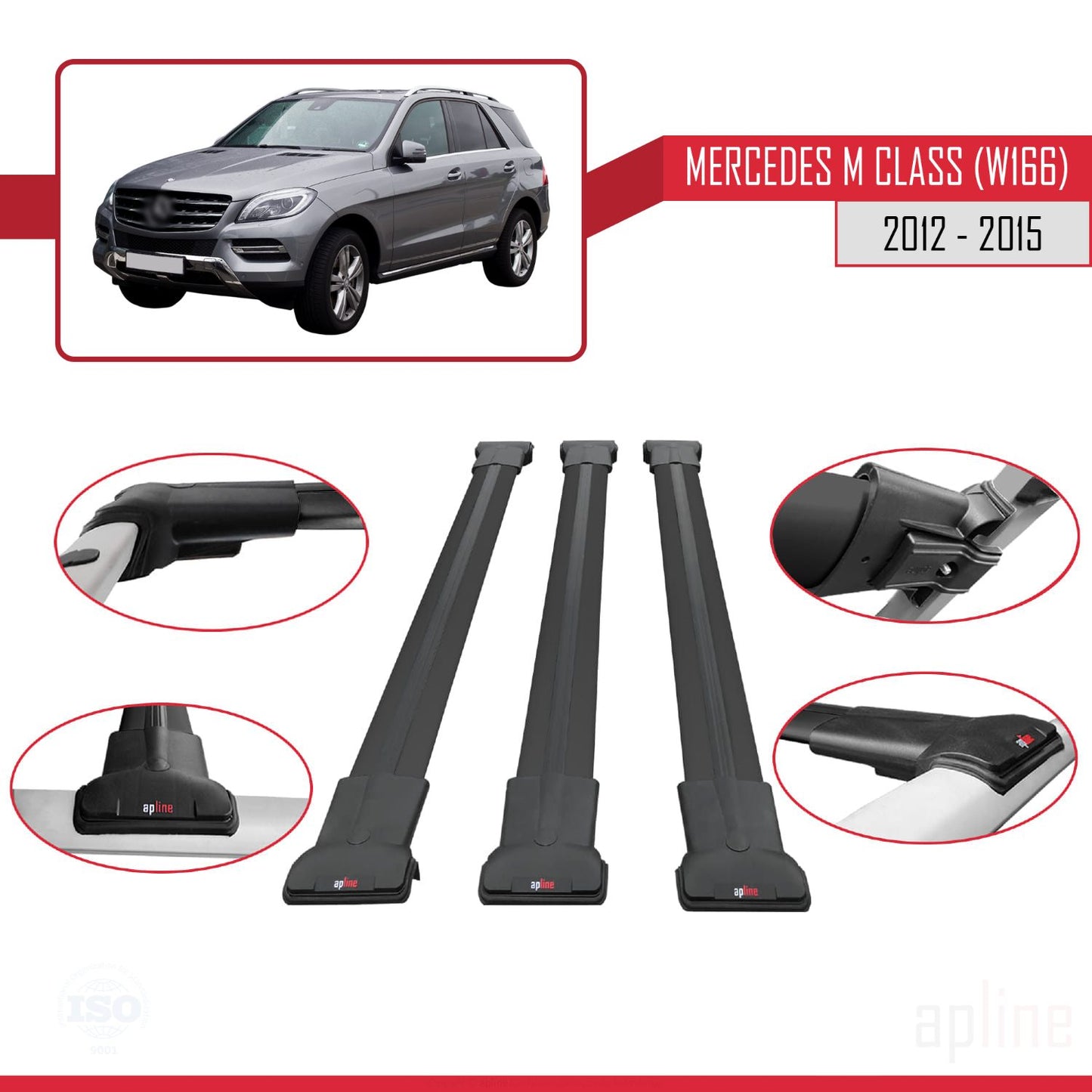 Compatible with Mercedes M Class 3 (W166) Pre-Facelift 2012-2015 FLY Model Car Roof Rack Cross Bar Black Aluminium 3 Bars