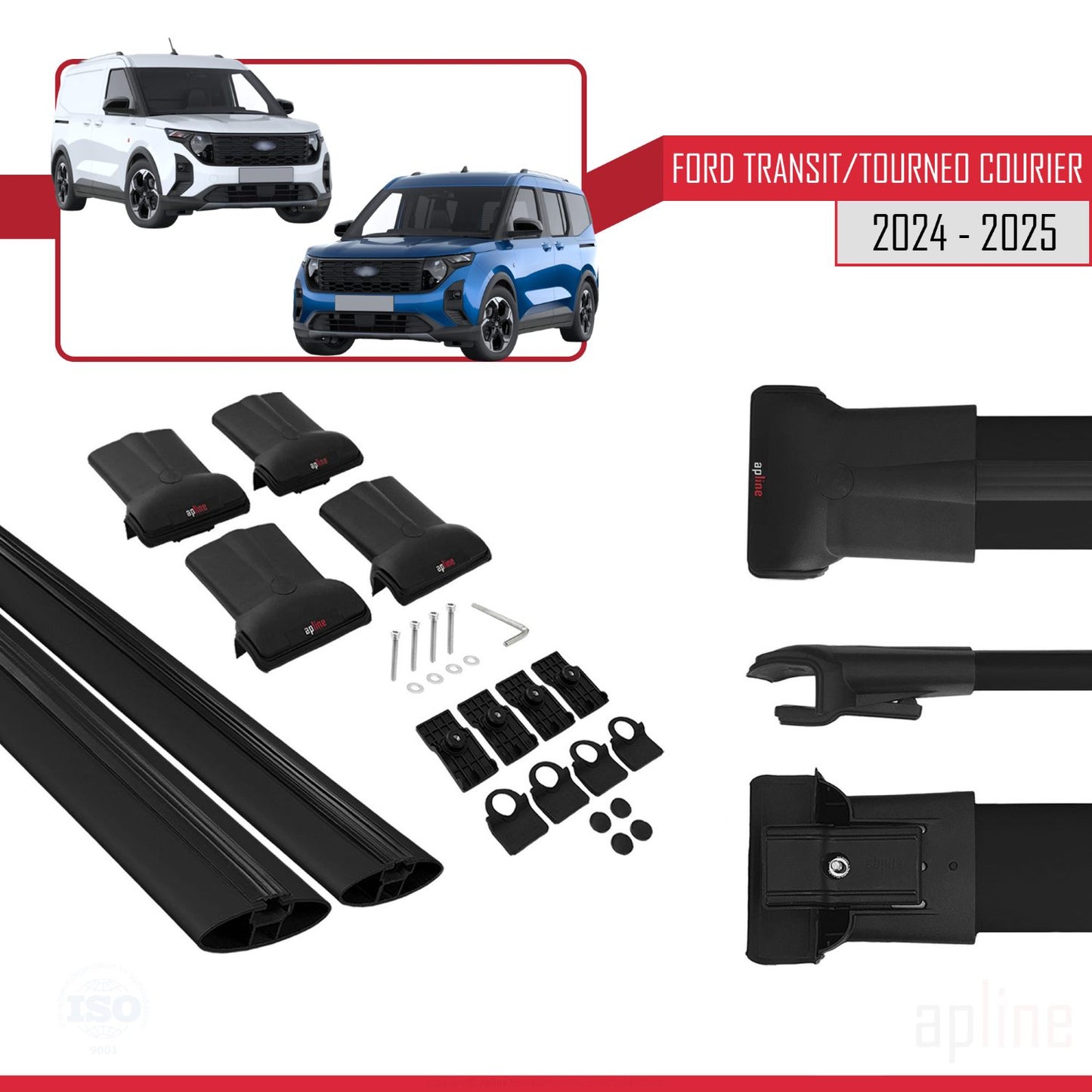 Compatible avec Ford Transit/Tourneo Courier 2024-2025 FLY Model Barres de Toit Railing Porte-Bagages de Voiture Noir Aluminium 4 Barres