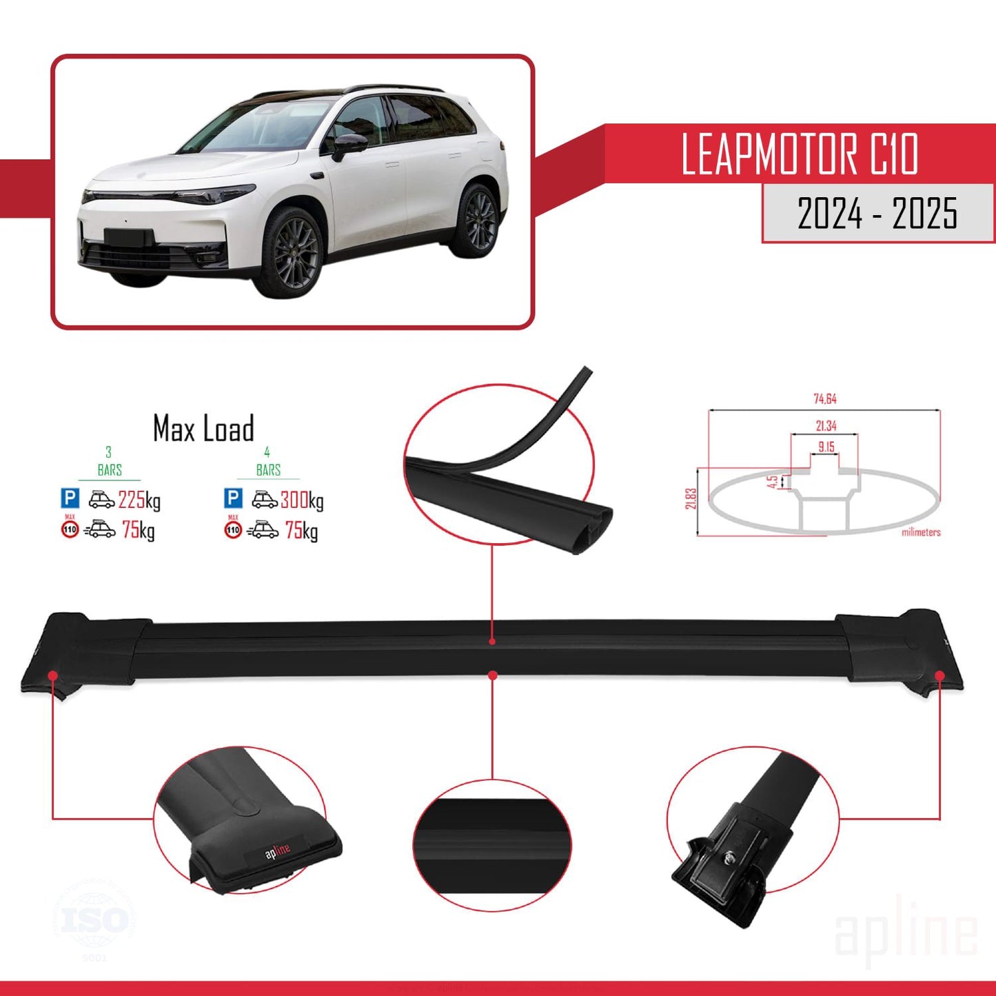 Compatible avec LEAPMOTOR C10 2024-2025 FLY Model Barres de Toit Railing Porte-Bagages de Voiture Noir Aluminium 3 Barres