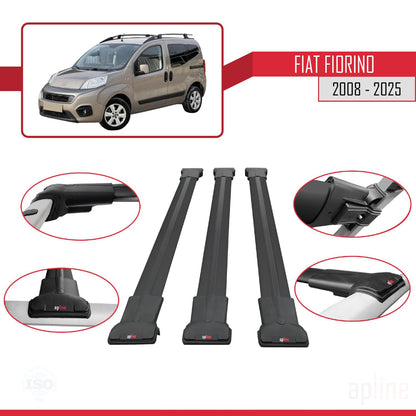 Compatible avec Fiat Fiorino (Modèle Tubulaire) 2008-2025 FLY Model Barres de Toit Railing Porte-Bagages de Voiture Noir Aluminium 3 Barres