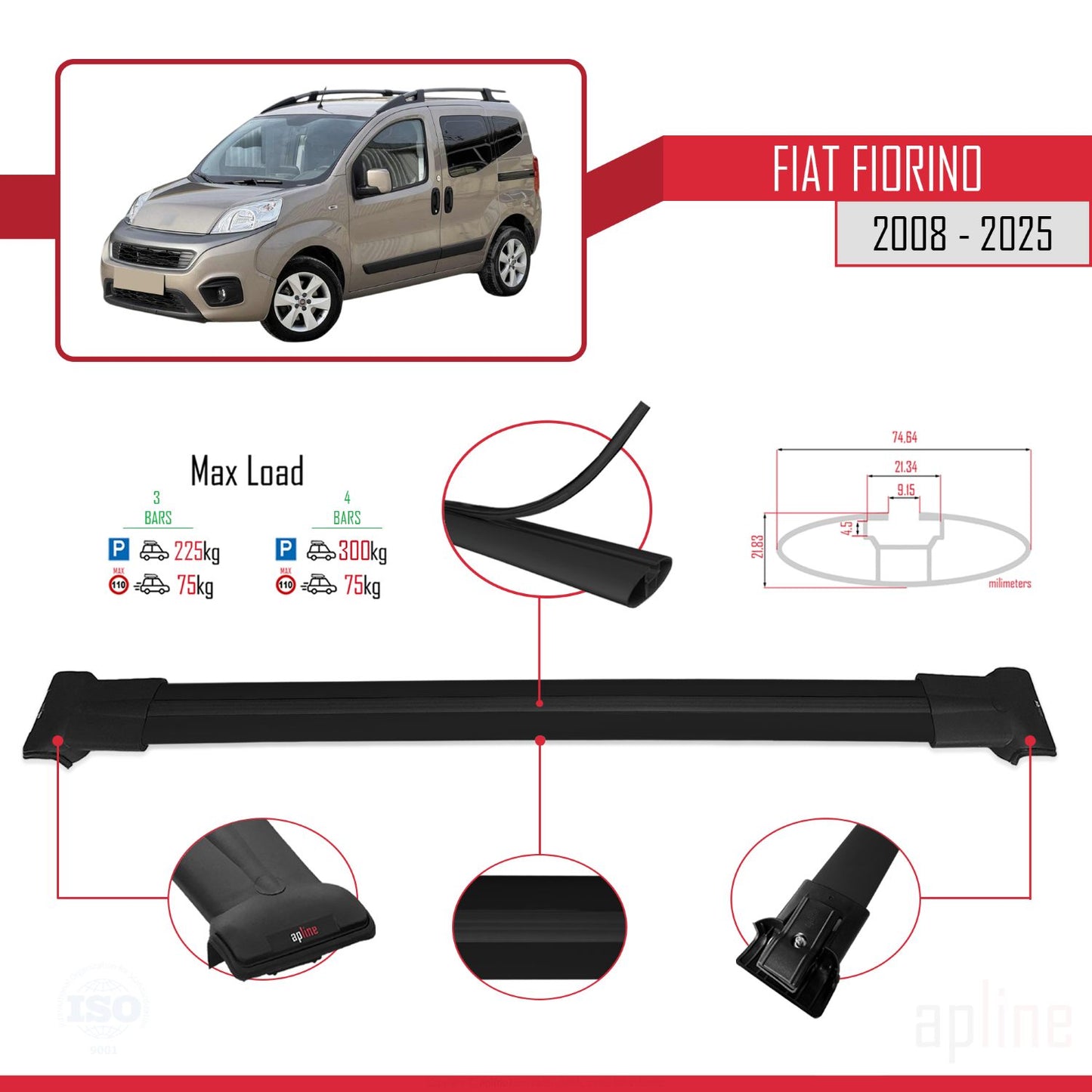 Compatible avec Fiat Fiorino (Modèle Tubulaire) 2008-2025 FLY Model Barres de Toit Railing Porte-Bagages de Voiture Noir Aluminium 4 Barres