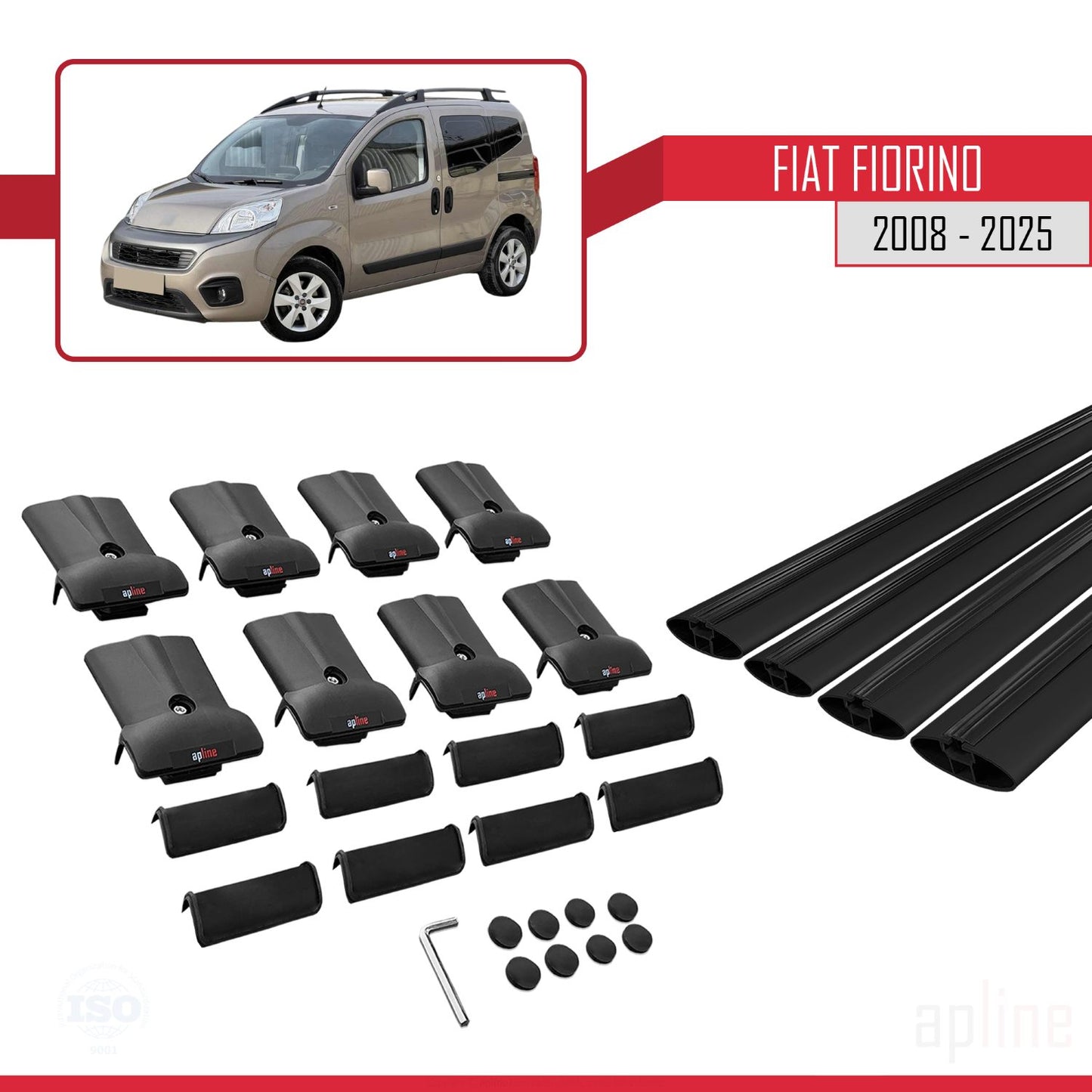 Compatible avec Fiat Fiorino (Modèle Tubulaire) 2008-2025 FLY Model Barres de Toit Railing Porte-Bagages de Voiture Noir Aluminium 4 Barres