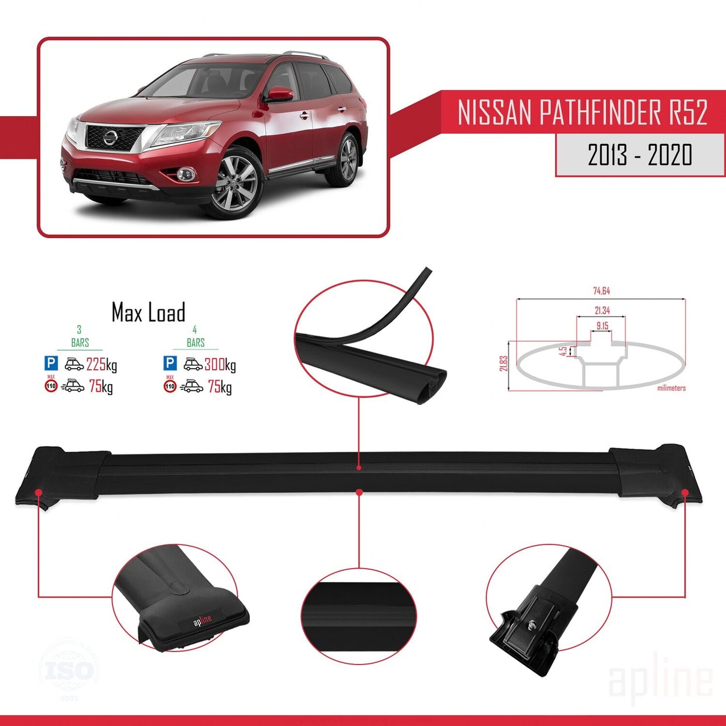 Compatible avec Nissan Pathfinder 4 (R52) 2013-2020 FLY Model Barres de Toit Railing Porte-Bagages de Voiture Noir Aluminium 3 Barres