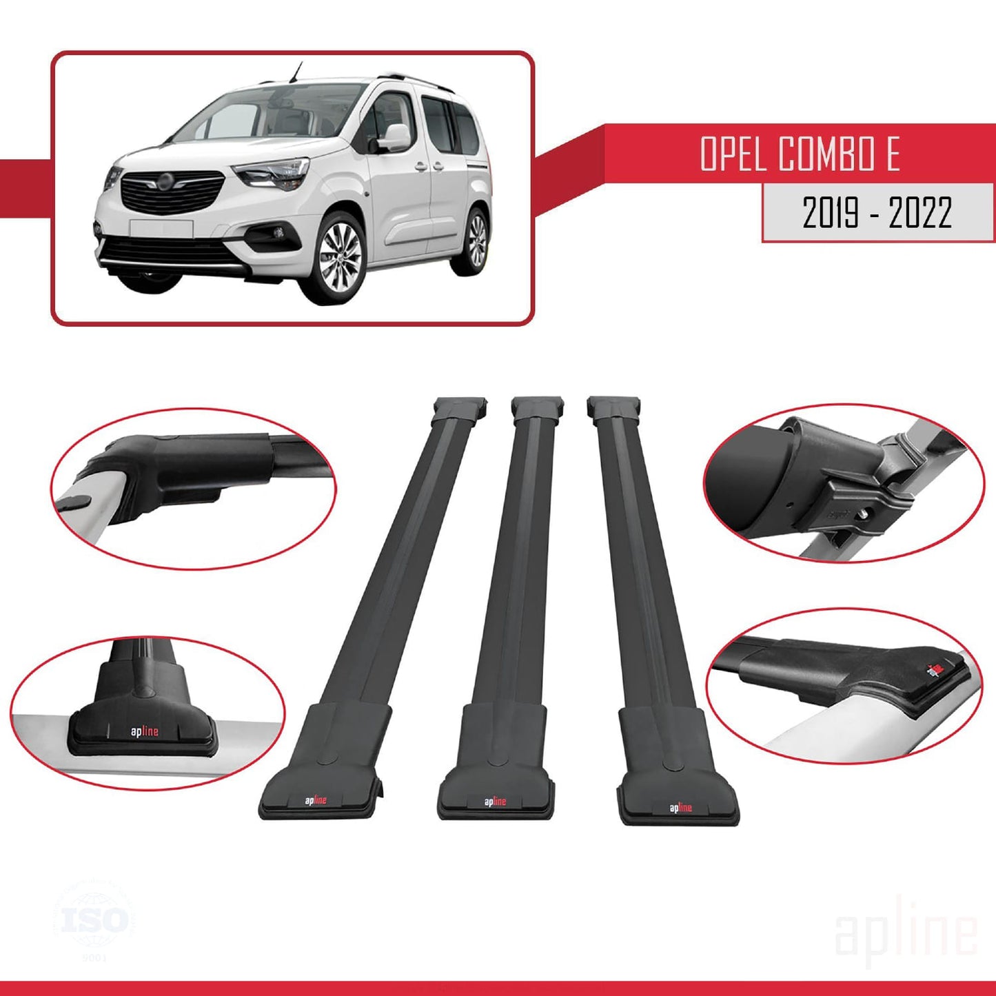 Compatible avec Opel Combo E 2019-2022 FLY Model Barres de Toit Railing Porte-Bagages de Voiture Noir Aluminium 3 Barres