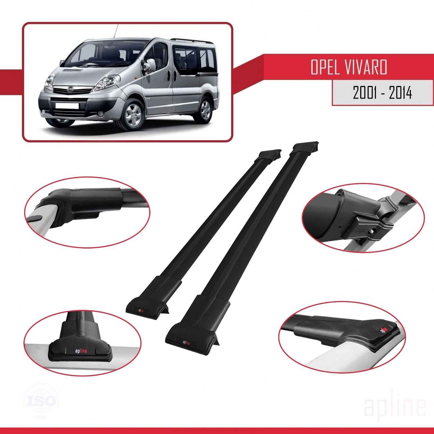 Compatible avec Opel Vivaro A 2001-2014 FLY Model Barres de Toit Railing Porte-Bagages de Voiture Noir Aluminium 2 Barres