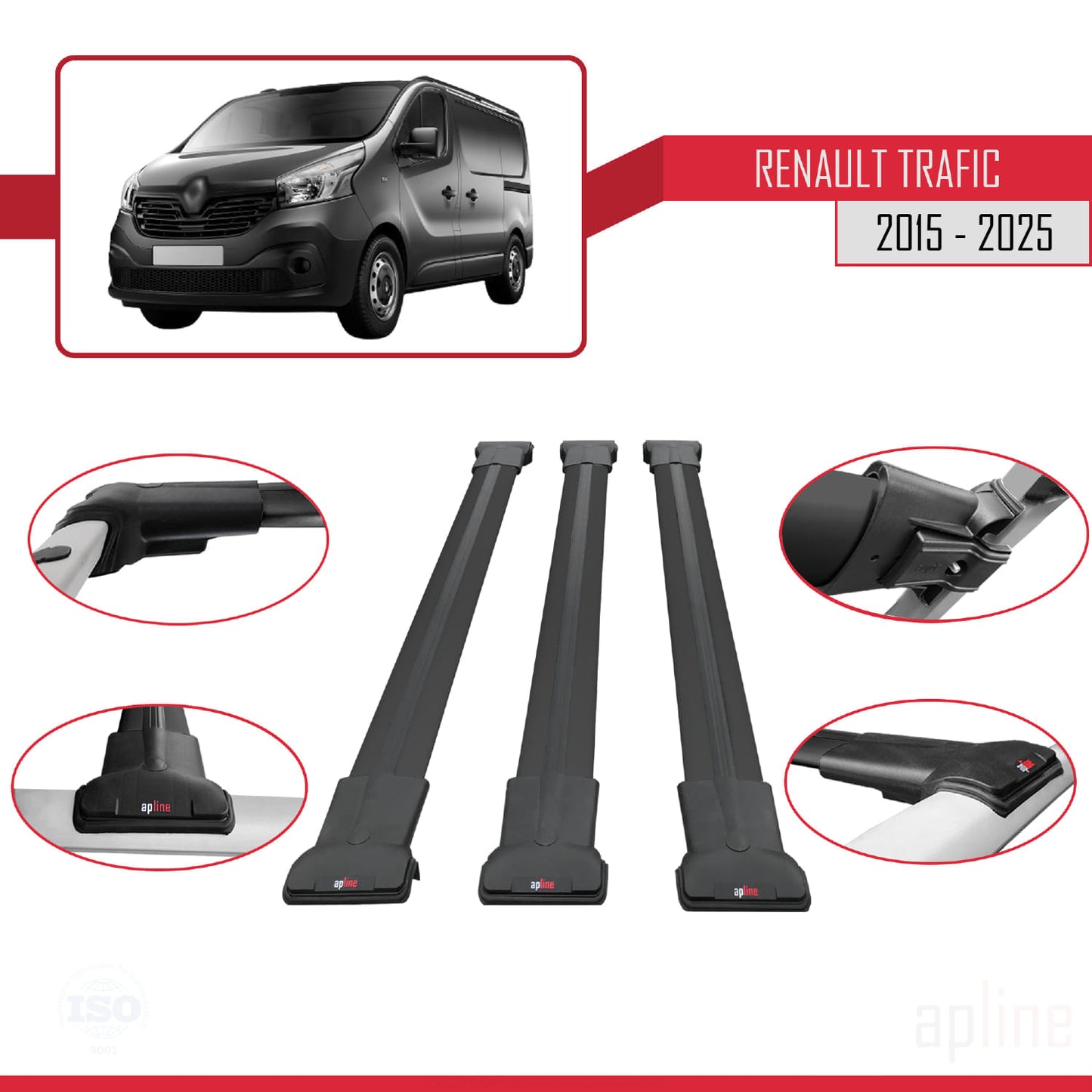 Compatible avec Renault Trafic 3 (X82) 2015-2025 FLY Model Barres de Toit Railing Porte-Bagages de Voiture Noir Aluminium 3 Barres