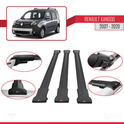 Compatible avec Renault Kangoo 2 (X61) 2007-2020 FLY Model Barres de Toit Railing Porte-Bagages de Voiture Noir Aluminium 3 Barres