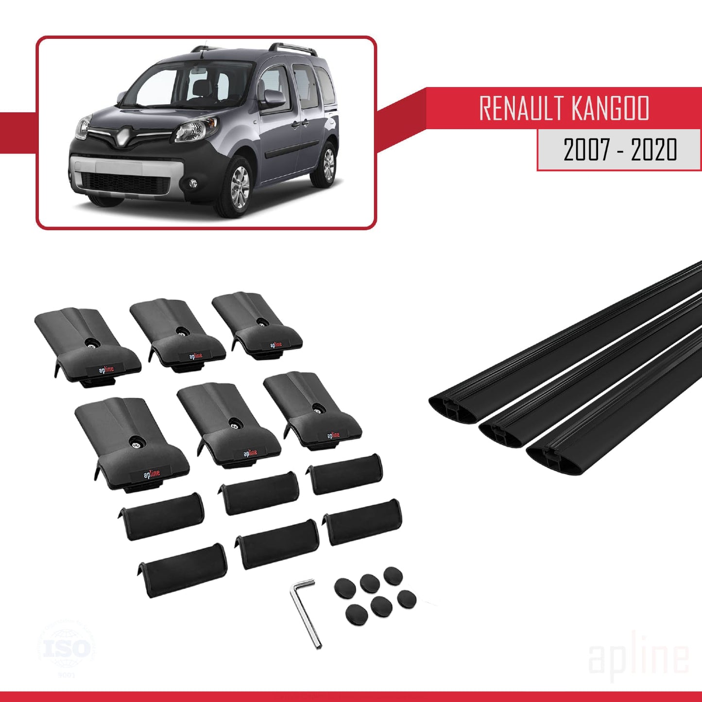 Compatible avec Renault Kangoo 2 (X61) 2007-2020 FLY Model Barres de Toit Railing Porte-Bagages de Voiture Noir Aluminium 3 Barres