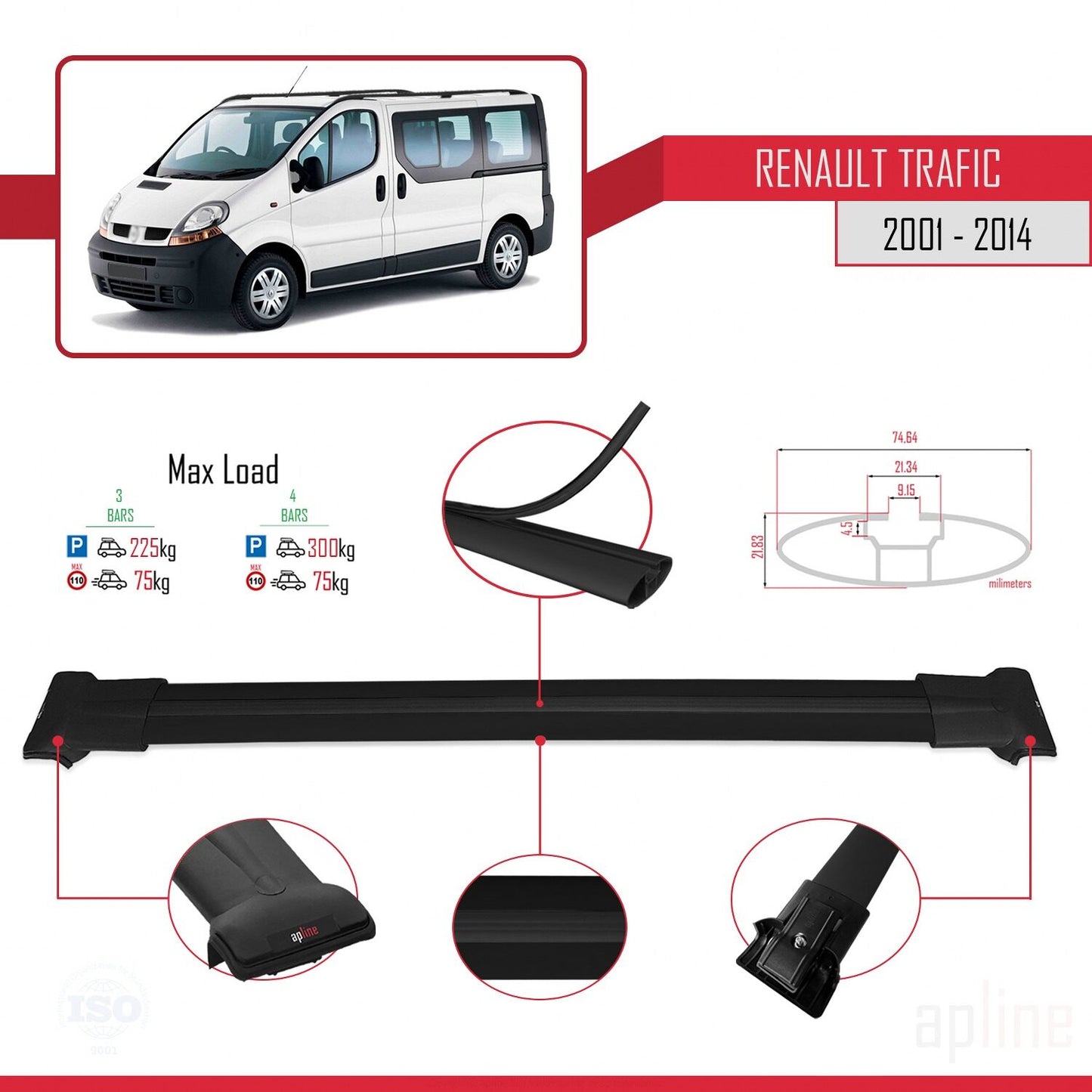 Compatible avec Renault Trafic 2 (X83) 2001-2014 FLY Model Barres de Toit Railing Porte-Bagages de Voiture Noir Aluminium 3 Barres