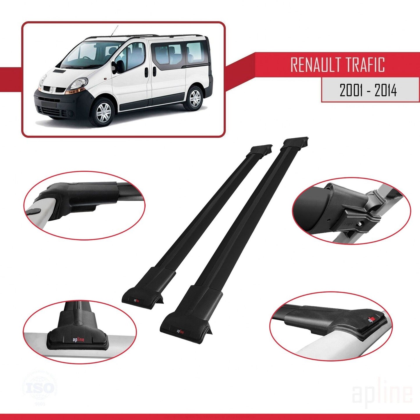 Compatible avec Renault Trafic 2 (X83) 2001-2014 FLY Model Barres de Toit Railing Porte-Bagages de Voiture Noir Aluminium 2 Barres