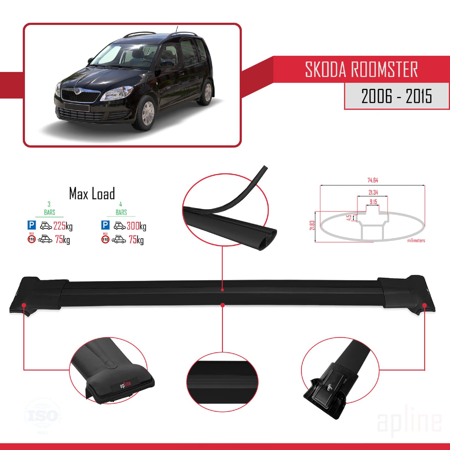 Compatible avec Skoda Roomster 2006-2015 FLY Model Barres de Toit Railing Porte-Bagages de Voiture Noir Aluminium 3 Barres