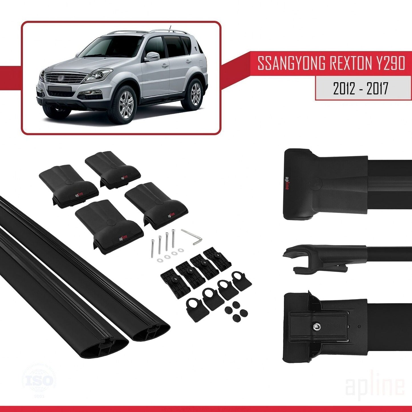 Compatible avec Ssangyong Rexton (Y290) 2012-2017 FLY Model Barres de Toit Railing Porte-Bagages de Voiture Noir Aluminium 2 Barres