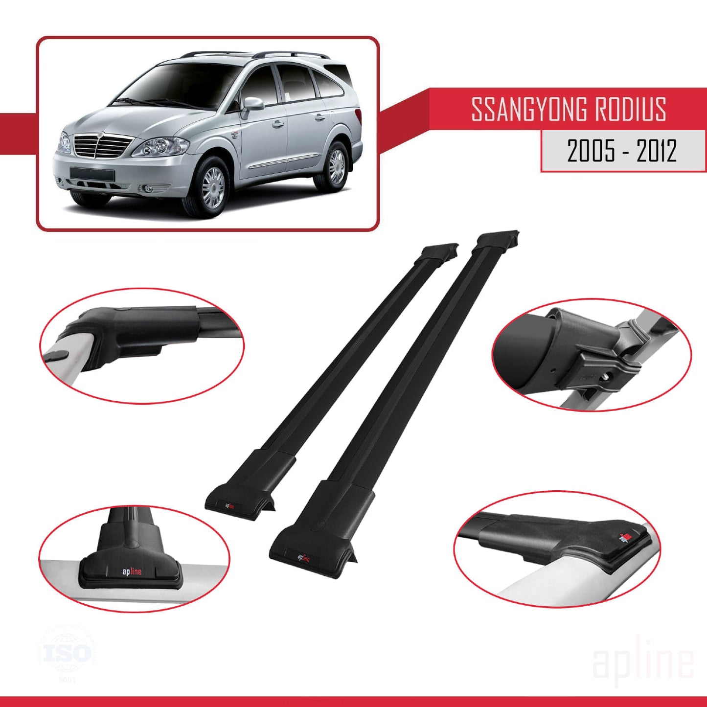 Compatible avec Ssangyong Rodius 2005-2012 FLY Model Barres de Toit Railing Porte-Bagages de Voiture Noir Aluminium 2 Barres