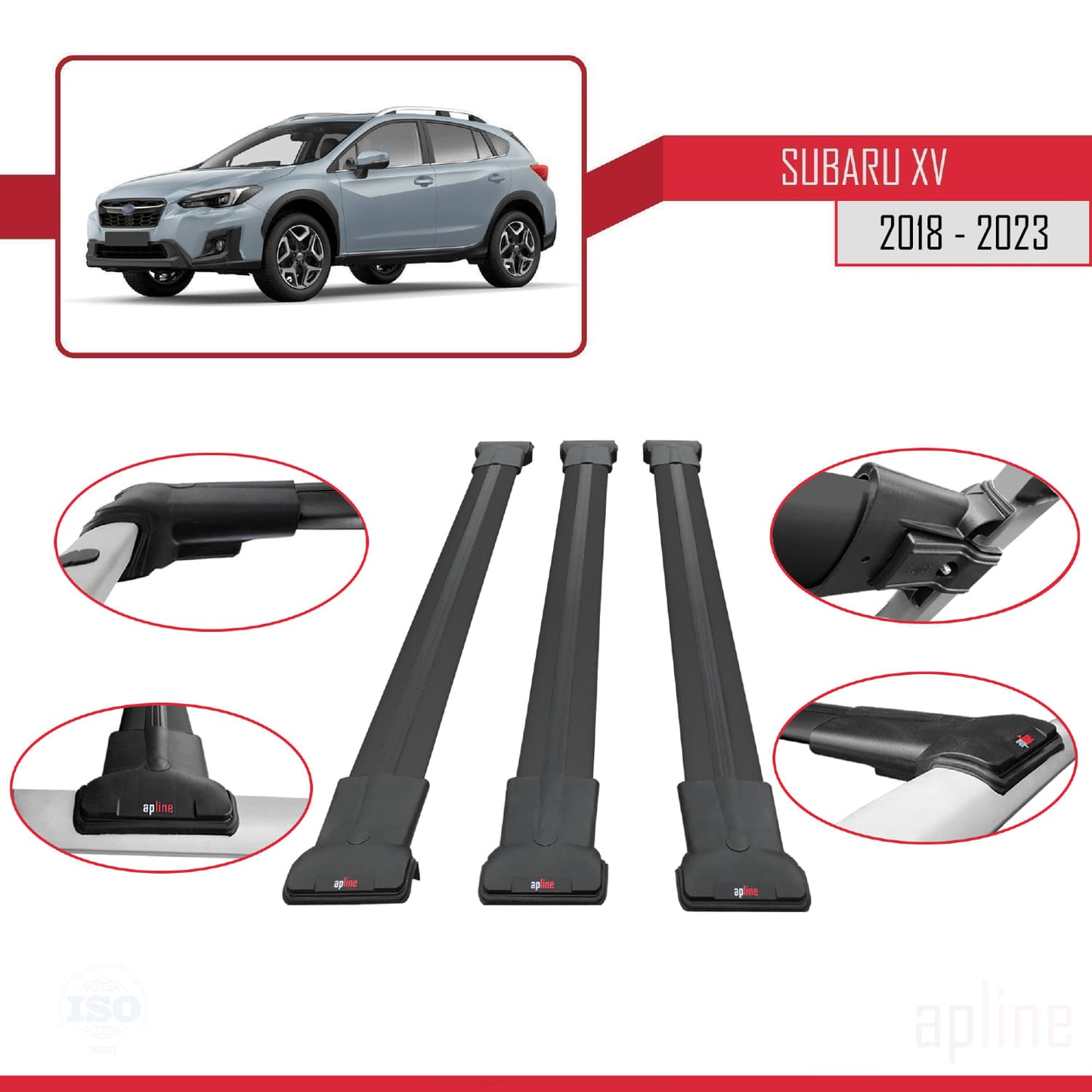 Compatible avec Subaru XV 2 2018-2023 FLY Model Barres de Toit Railing Porte-Bagages de Voiture Noir Aluminium 3 Barres