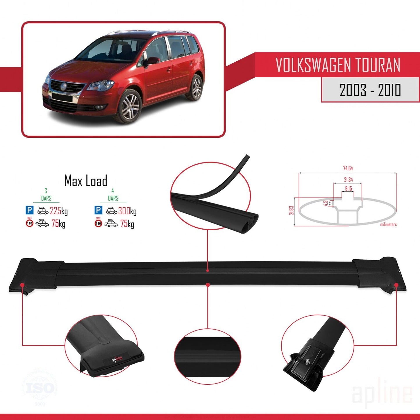 Compatible avec Volkswagen Touran (1T) Pre-Facelift 2003-2010 FLY Model Barres de Toit Railing Porte-Bagages de Voiture Noir Aluminium 3 Barres