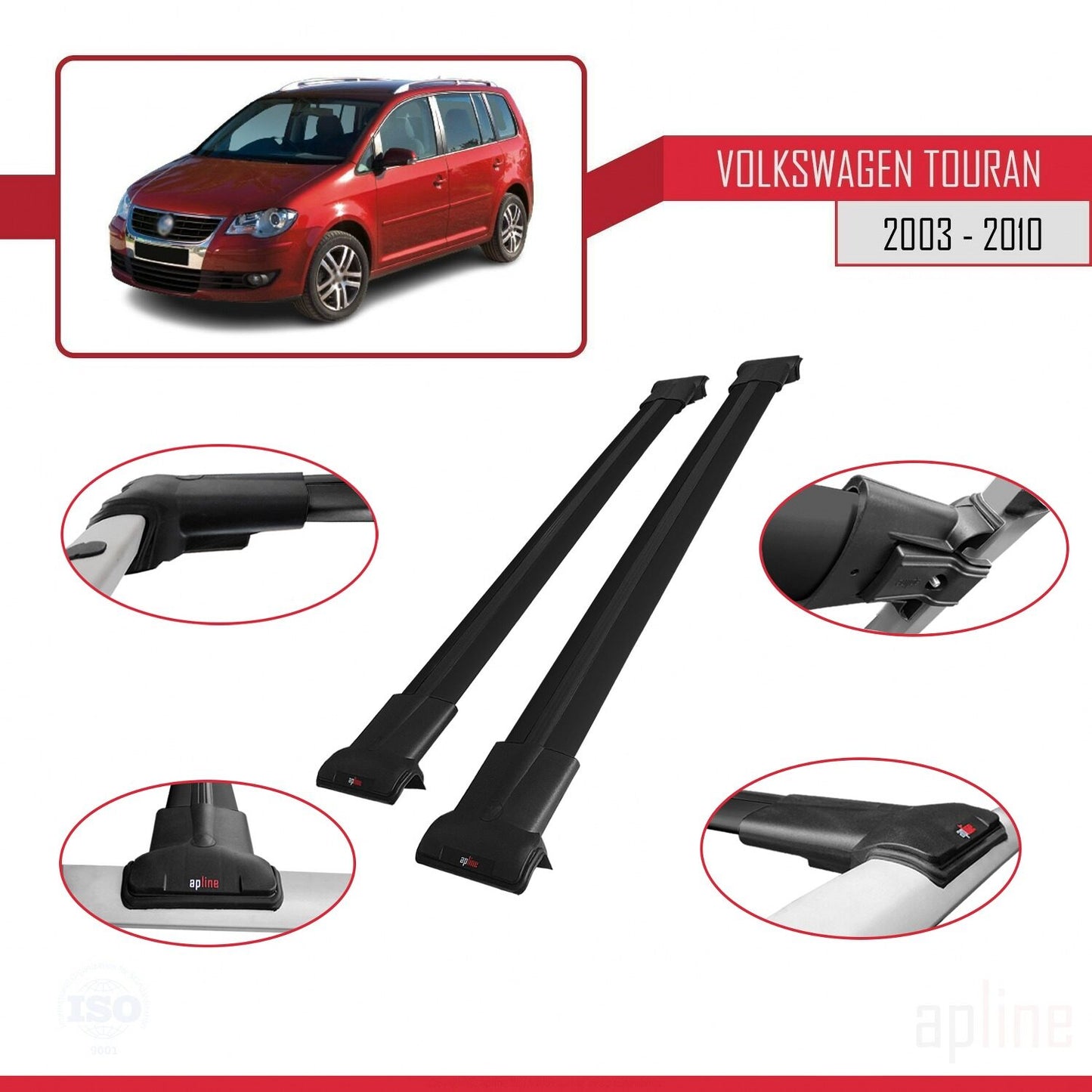Compatible avec Volkswagen Touran (1T) Post-Facelift 2010-2015 FLY Model Barres de Toit Railing Porte-Bagages de Voiture Noir Aluminium 2 Barres
