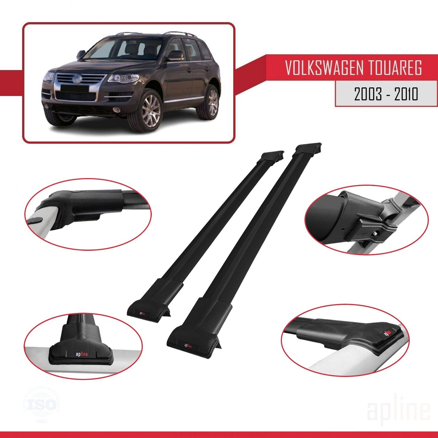Compatible avec Volkswagen Touareg (7L) 2002-2010 FLY Model Barres de Toit Railing Porte-Bagages de Voiture Noir Aluminium 2 Barres
