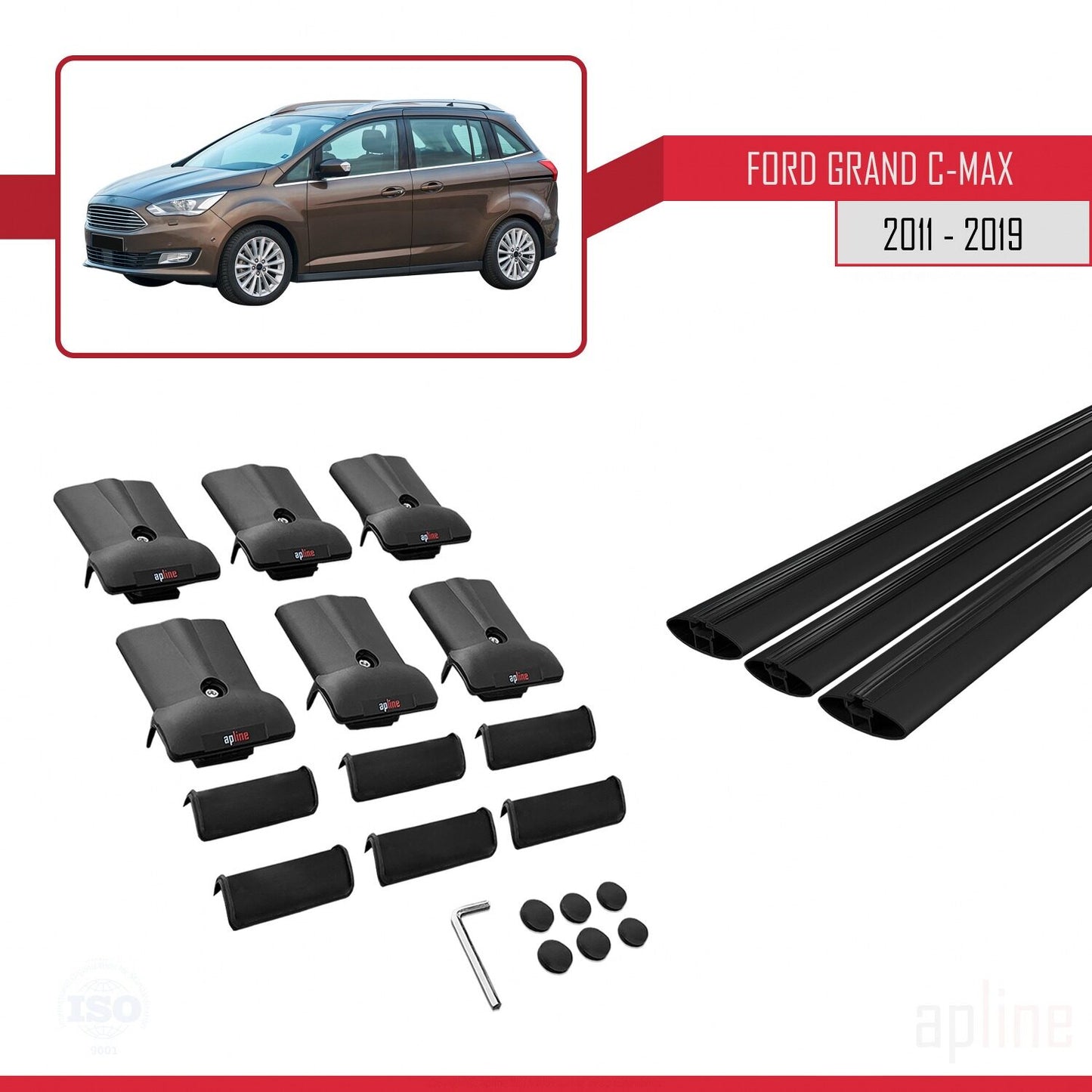 Compatible avec Ford Grand C-Max (C344) 2011-2019 FLY Model Barres de Toit Railing Porte-Bagages de Voiture Noir Aluminium 3 Barres