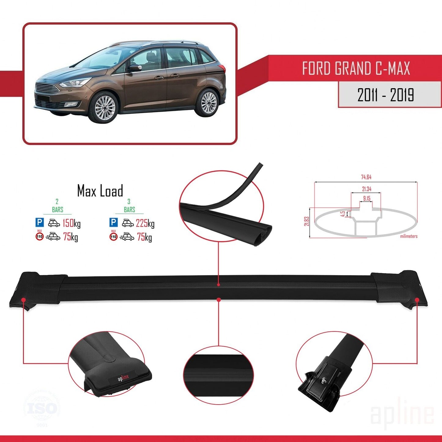 Compatible avec Ford Grand C-Max (C344) 2011-2019 FLY Model Barres de Toit Railing Porte-Bagages de Voiture Noir Aluminium 2 Barres