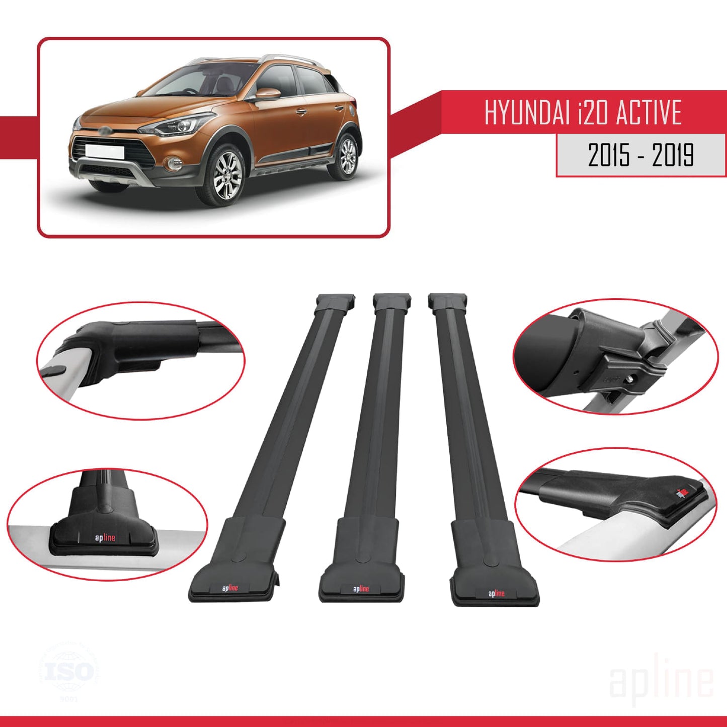 Compatible avec Hyundai i20 II Active 2015-2019 FLY Model Barres de Toit Railing Porte-Bagages de Voiture Noir Aluminium 3 Barres