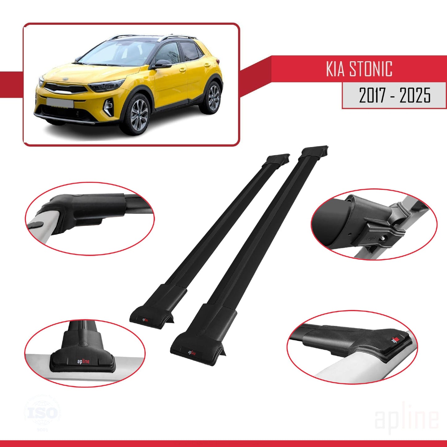 Compatible with Kia Stonic 2017-2025 FLY Model Car Roof Rack Cross Bar Black Aluminium 2 Bars