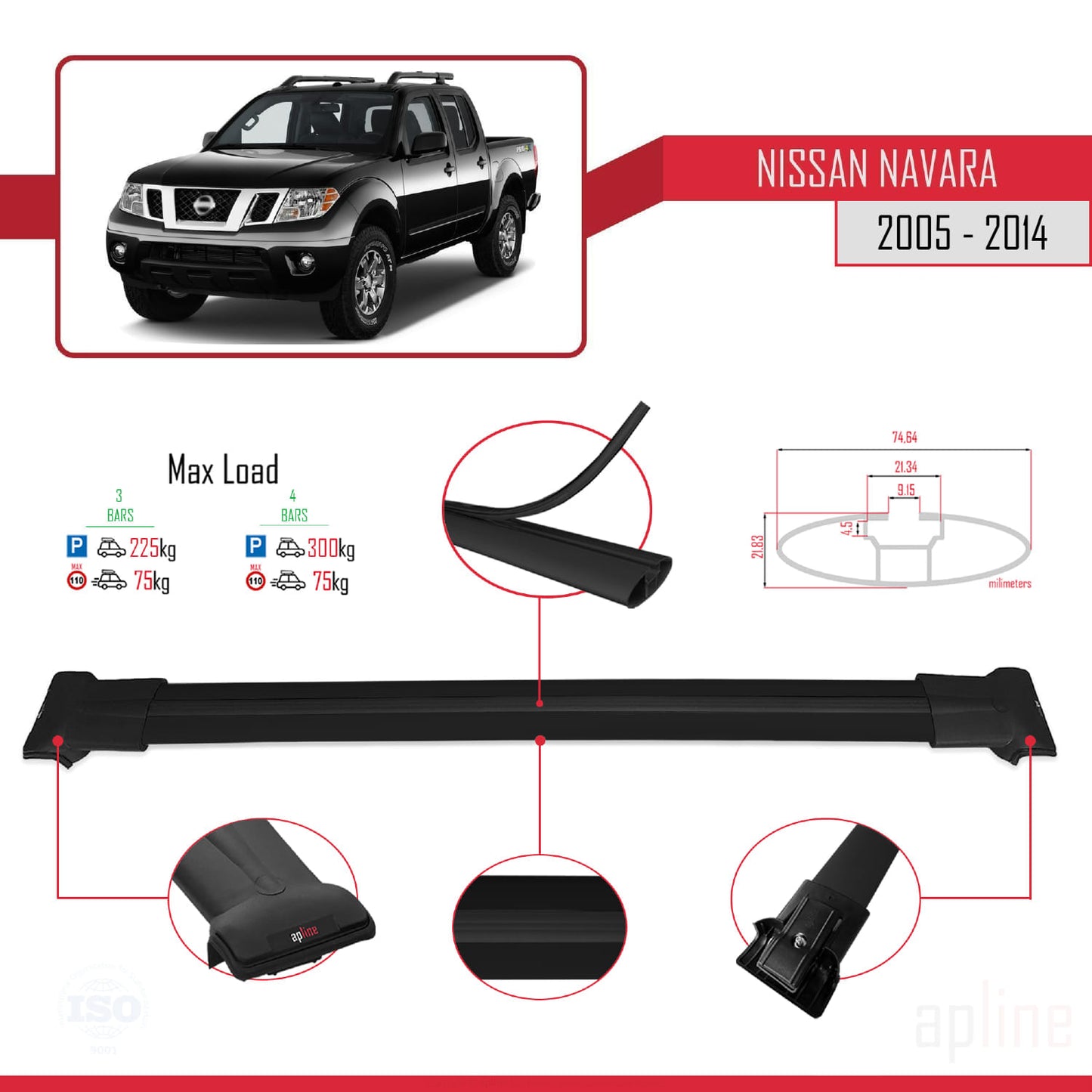 Compatible avec Nissan Navara 3 (D40) 2005-2014 FLY Model Barres de Toit Railing Porte-Bagages de Voiture Noir Aluminium 3 Barres