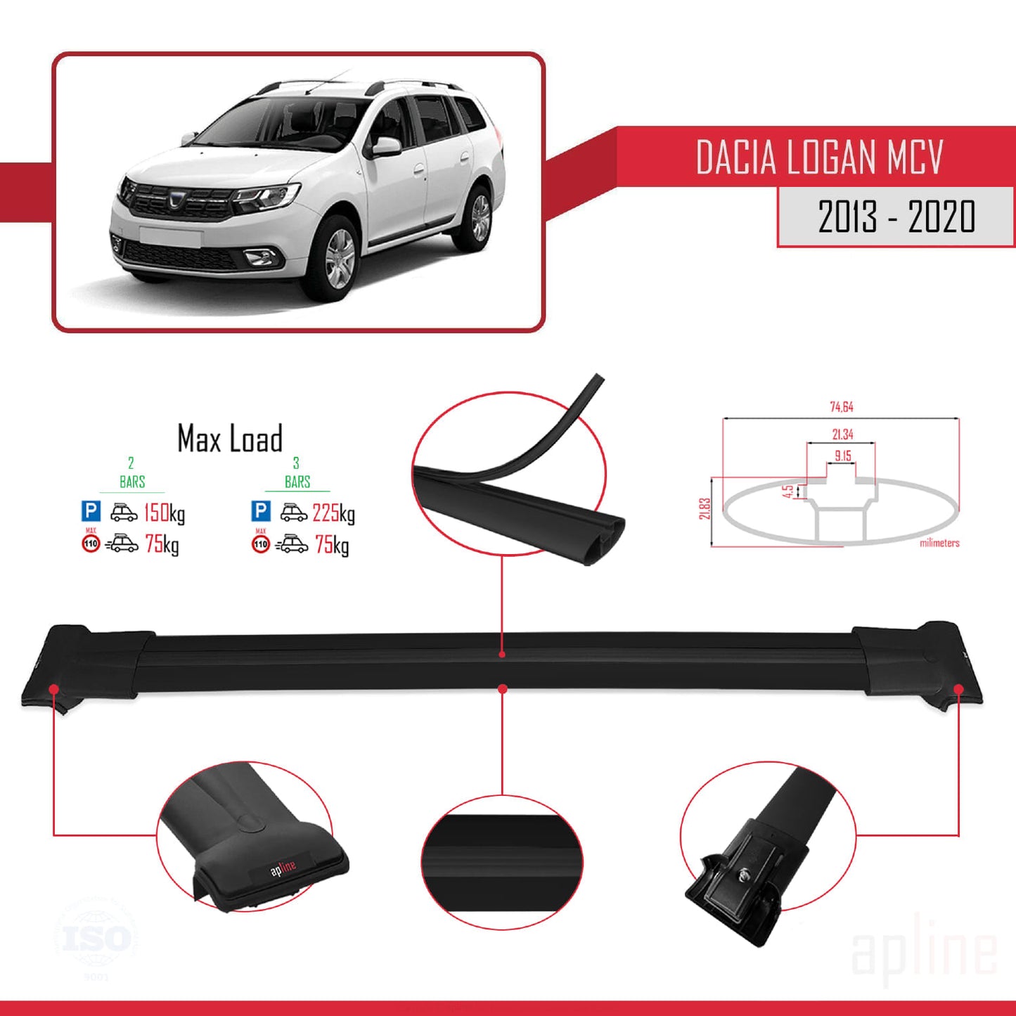 Compatible avec Dacia Logan 2 MCV (K52) 2013-2020 FLY Model Barres de Toit Railing Porte-Bagages de Voiture Noir Aluminium 2 Barres
