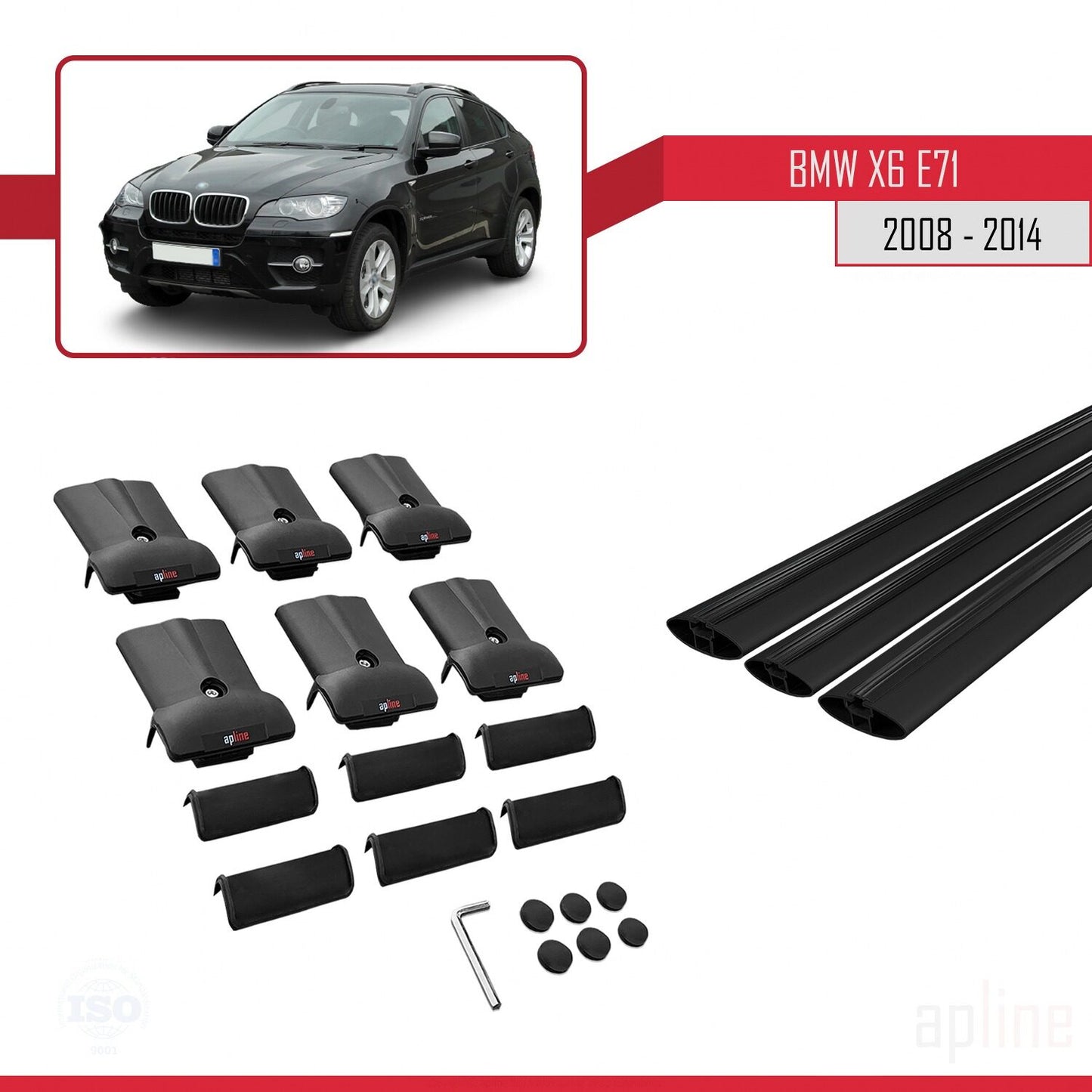 Compatible avec BMW X6 (E71) 2008-2014 FLY Model Barres de Toit Railing Porte-Bagages de Voiture Noir Aluminium 3 Barres