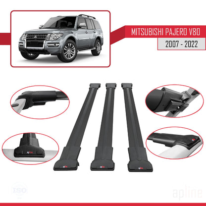 Compatible with Mitsubishi Pajero (V80) 2007-2022 FLY Model Car Roof Rack Cross Bar Black Aluminium 3 Bars