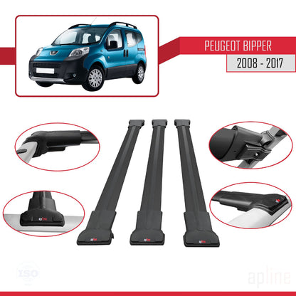 Compatible with Peugeot Bipper 2008-2017 FLY Model Car Roof Rack Cross Bar Black Aluminium 3 Bars