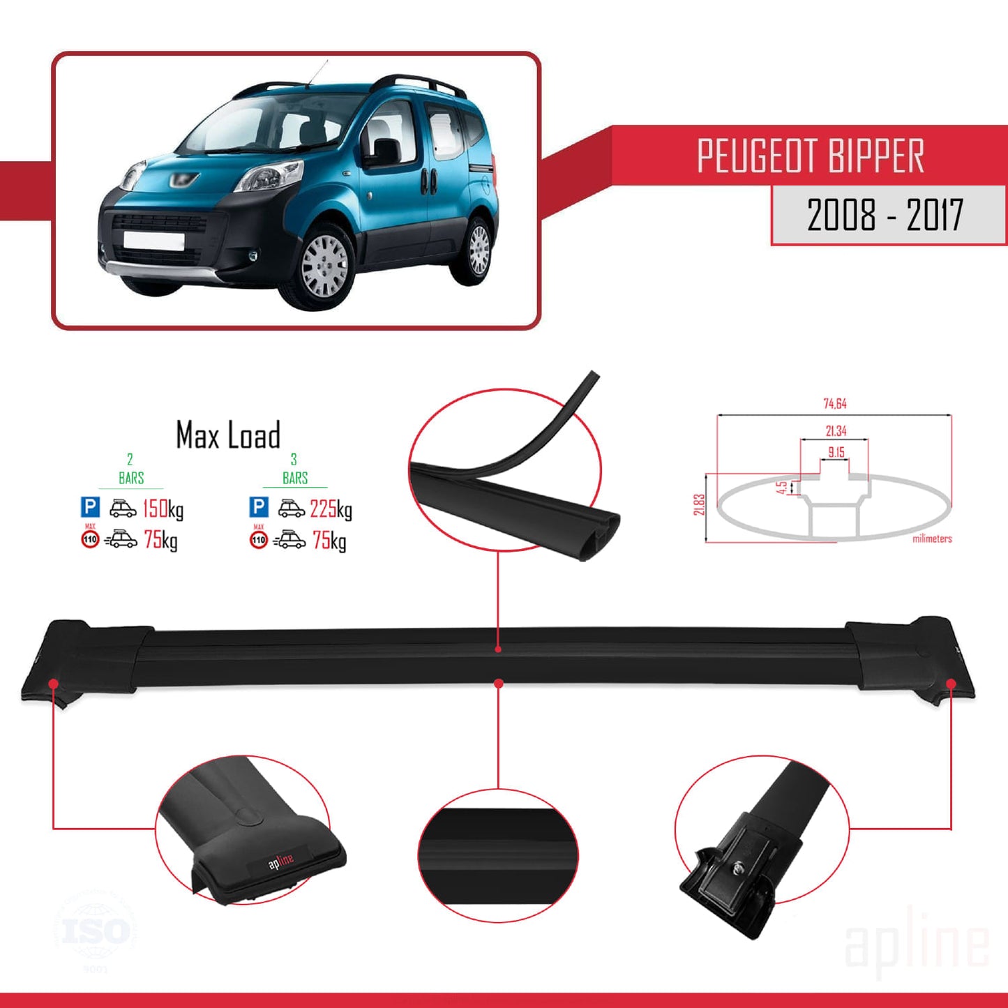 Compatible with Peugeot Bipper 2008-2017 FLY Model Car Roof Rack Cross Bar Black Aluminium 2 Bars