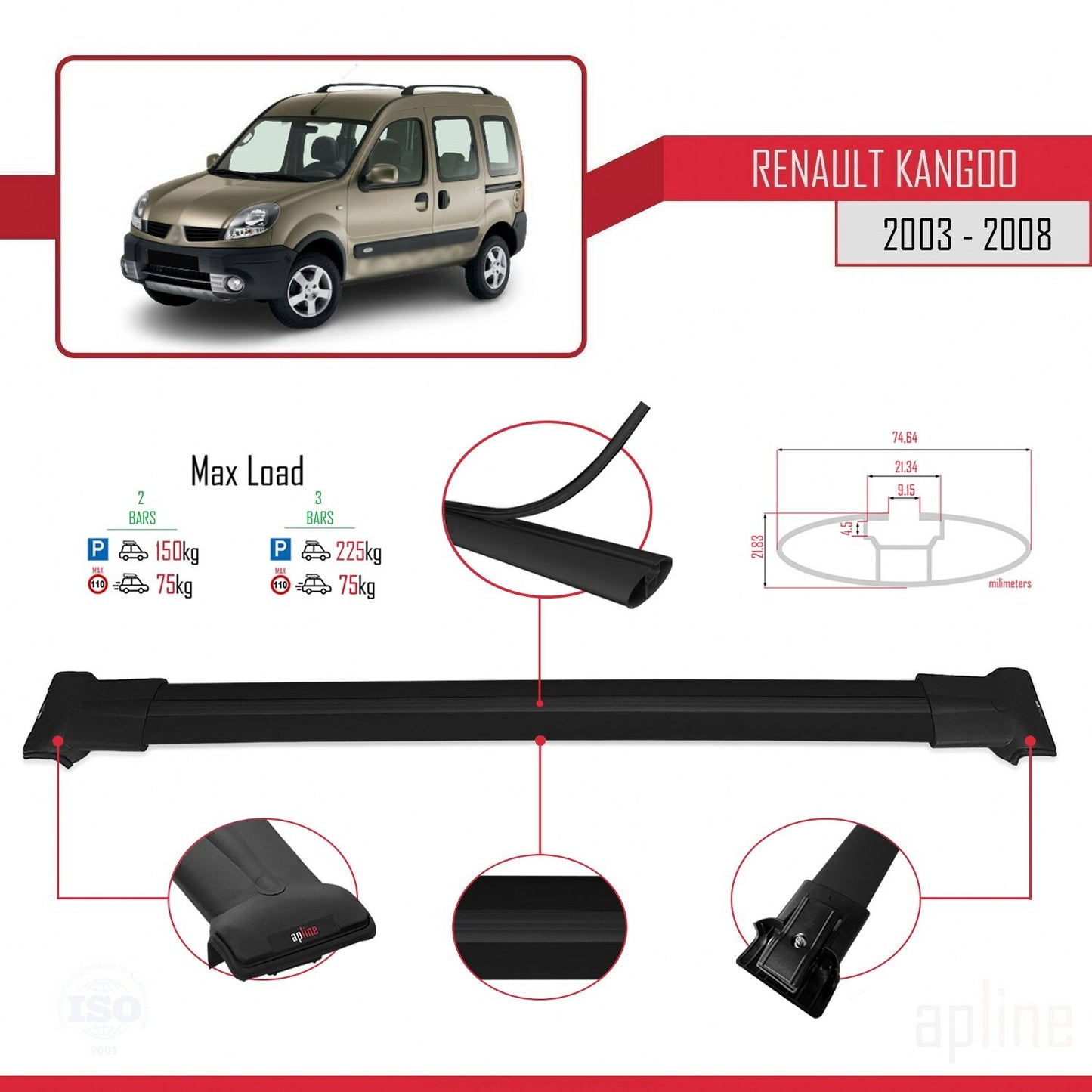 Compatible avec Renault Kangoo (X76) Post-Facelift 2003-2008 FLY Model Barres de Toit Railing Porte-Bagages de Voiture Noir Aluminium 2 Barres