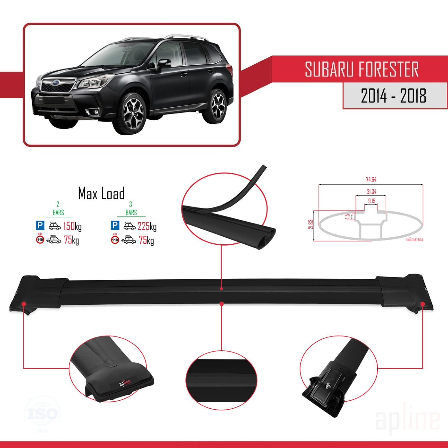 Compatible avec Subaru Forester 4 (SJ) 2014-2018 FLY Model Barres de Toit Railing Porte-Bagages de Voiture Noir Aluminium 2 Barres