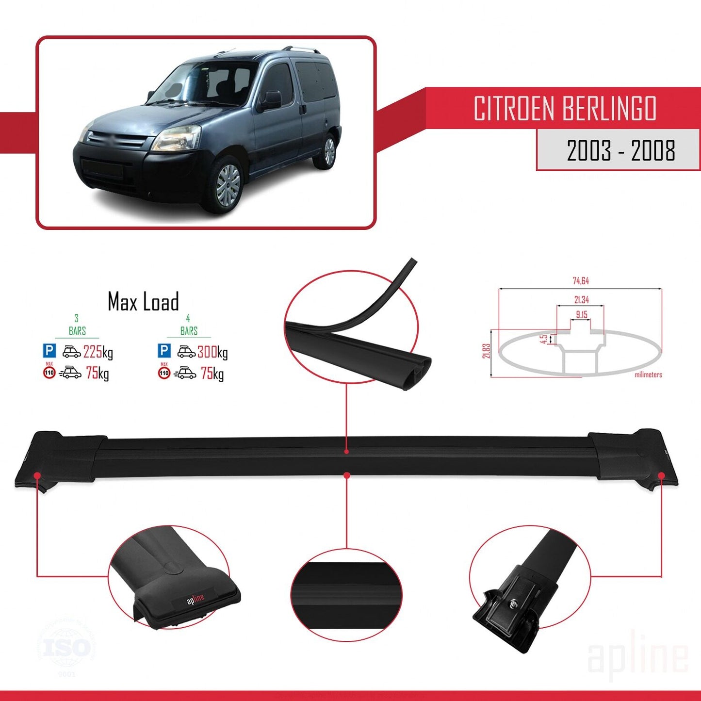 Compatible avec Citroen Berlingo (M59) 2003-2008 FLY Model Barres de Toit Railing Porte-Bagages de Voiture Noir Aluminium 3 Barres