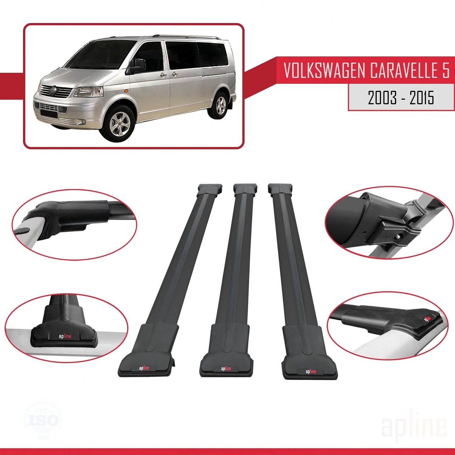 Compatible avec Volkswagen T5 Caravelle 2003-2015 FLY Model Barres de Toit Railing Porte-Bagages de Voiture Noir Aluminium 3 Barres
