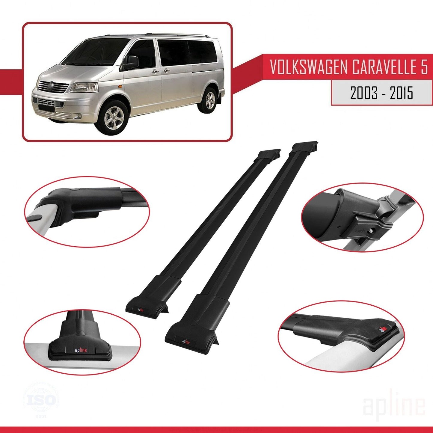 Compatible avec Volkswagen T5 Caravelle 2003-2015 FLY Model Barres de Toit Railing Porte-Bagages de Voiture Noir Aluminium 2 Barres