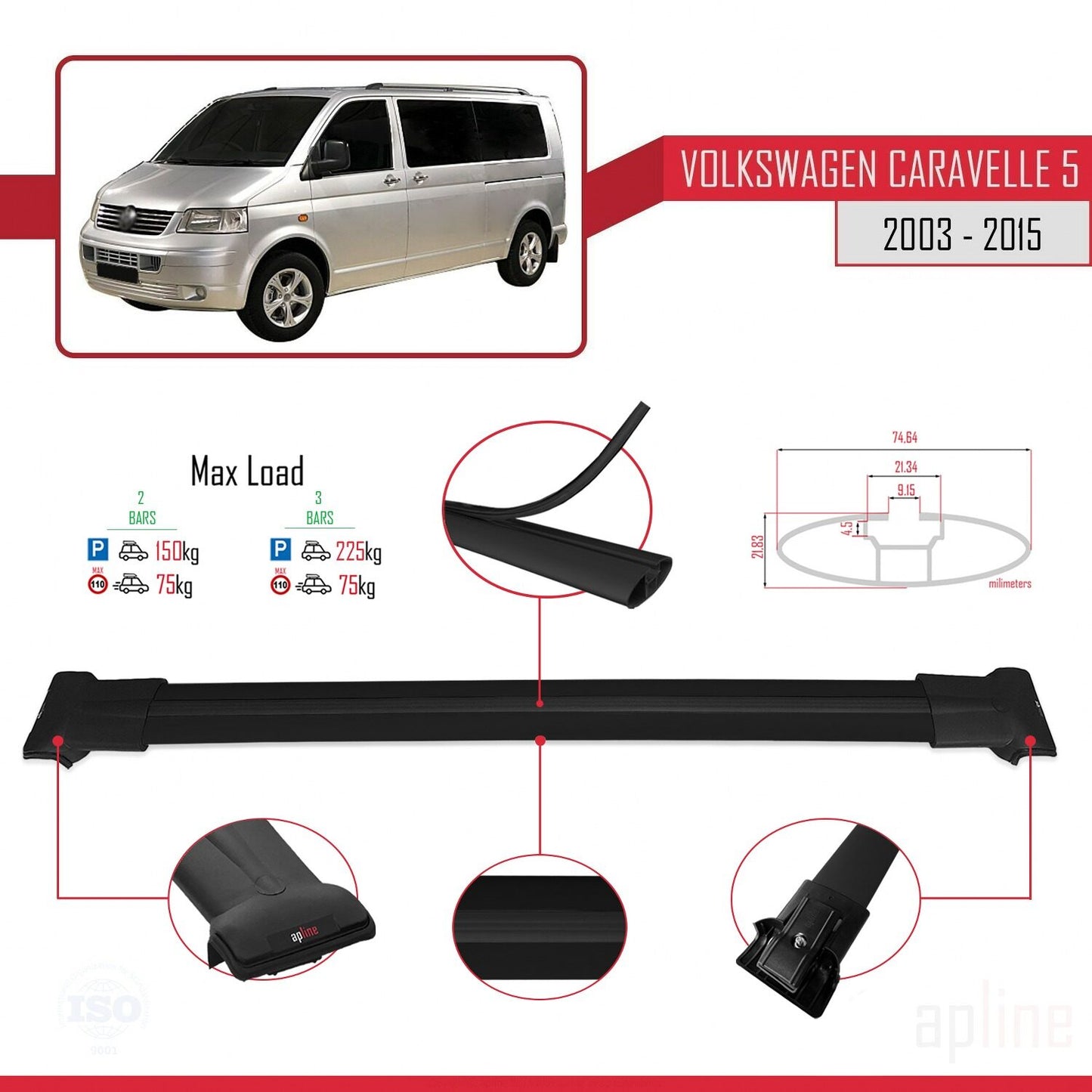 Compatible avec Volkswagen T5 Caravelle 2003-2015 FLY Model Barres de Toit Railing Porte-Bagages de Voiture Noir Aluminium 2 Barres