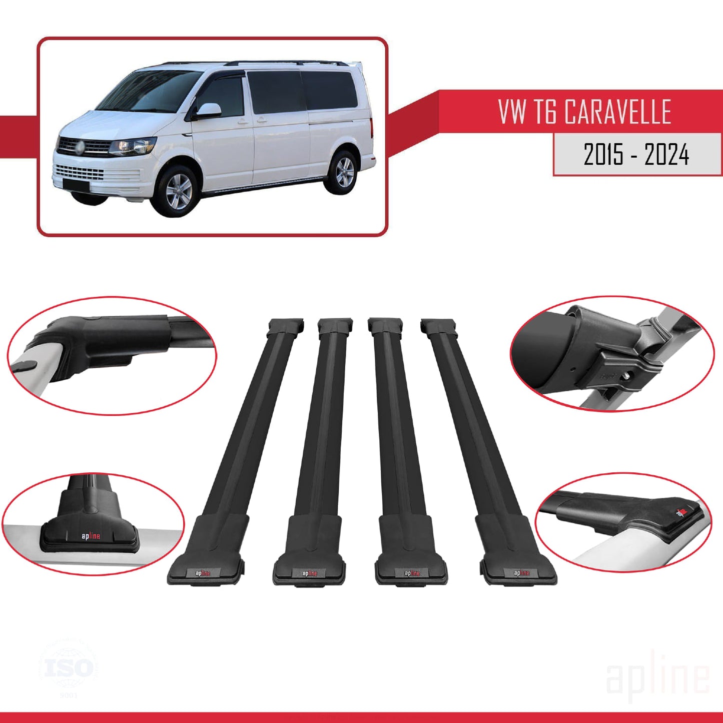 Compatible avec Volkswagen T6 Caravelle 2015-2024 FLY Model Barres de Toit Railing Porte-Bagages de Voiture Noir Aluminium 4 Barres