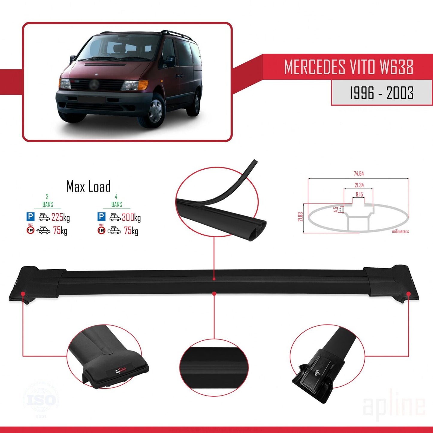 Compatible avec Mercedes Vito (W638) 1996-2003 FLY Model Barres de Toit Railing Porte-Bagages de Voiture Noir Aluminium 3 Barres