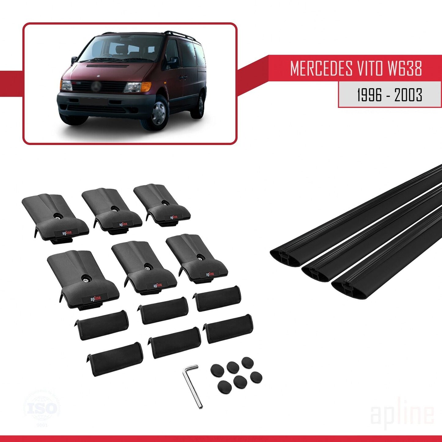 Compatible avec Mercedes Vito (W638) 1996-2003 FLY Model Barres de Toit Railing Porte-Bagages de Voiture Noir Aluminium 3 Barres