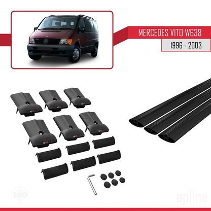Compatible avec Mercedes Vito (W638) 1996-2003 FLY Model Barres de Toit Railing Porte-Bagages de Voiture Noir Aluminium 3 Barres